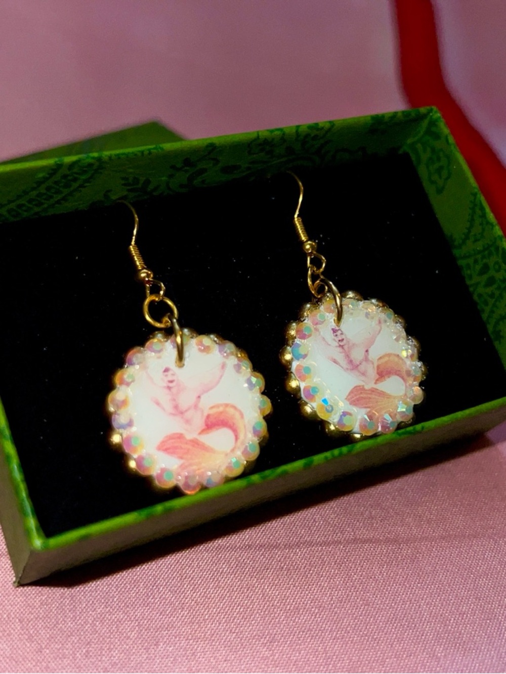 Gold-Tone Pink Mermaid (Merman) Dangle Earrings with Iridescent Accents